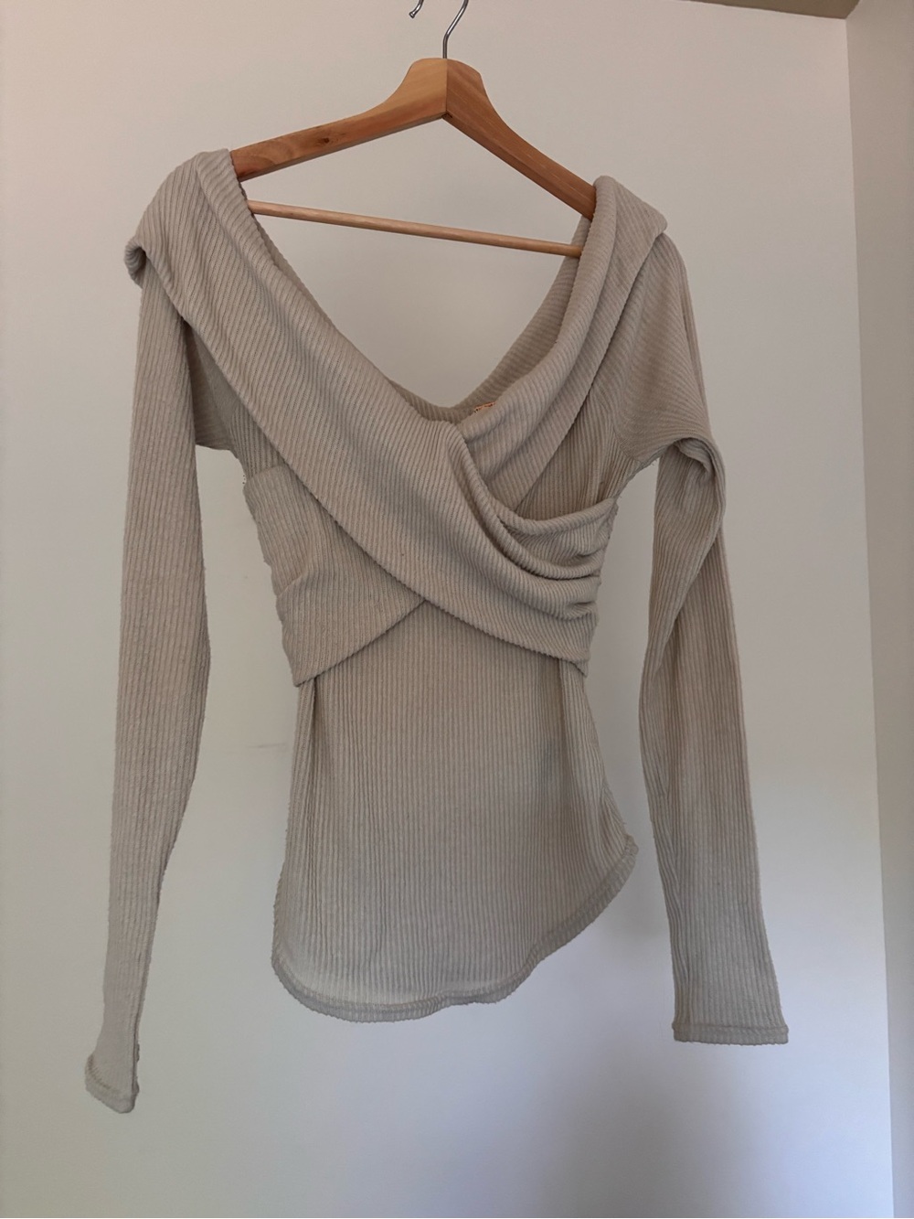 Free People Ribbed Draped Crossover Long-Sleeve Top in Beige